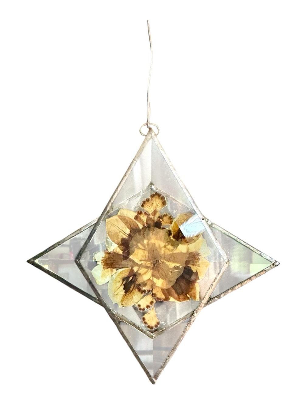 Vintage Glass Star Suncatcher with Pressed Yellow Flowers